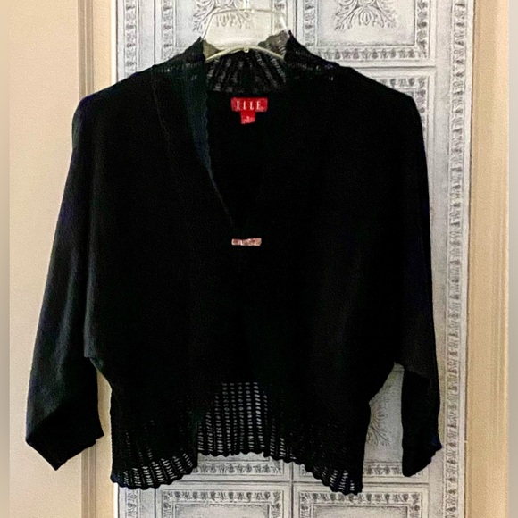 Elle Sz-M Black Cardigan/Shrug- Open Knit Stitching Around Edge/Hem, 3/4 Sleeves - Picture 6 of 16